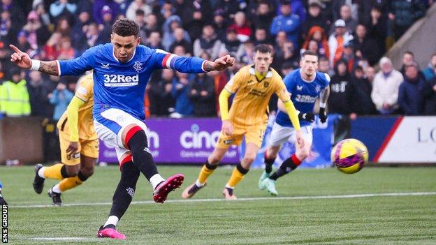 Rangers' James Tavernier scores to make it 0-1 during a cinch Premiership match between Livingston and Rangers