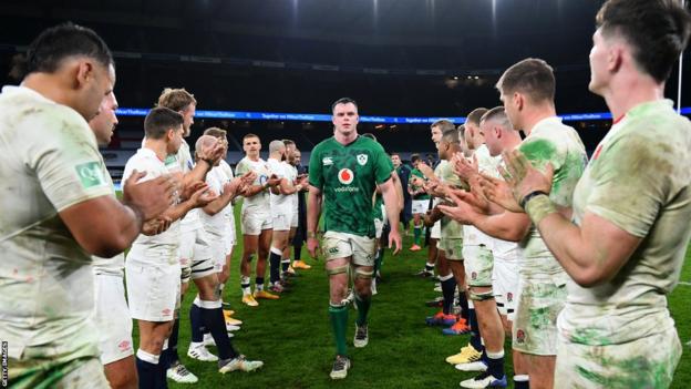 James Ryan of Ireland looks dejected as he leads his team off following defeat during the England v Ireland Autumn Nations Cup match at Twickenham Stadium on November 21, 2020