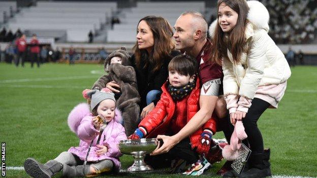 Andres Iniesta and family after Vissel Kobe won the Emperor's Cup in 2020