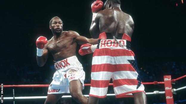 Lennox Lewis fighting Hasim Rahman for the WBC, IBO, IBF and Lineal heavyweight titles on November 17, 2001 at the Mandalay Bay Events Center in Las Vegas, Nevada. Lewis won the fight with a 5th round KO.