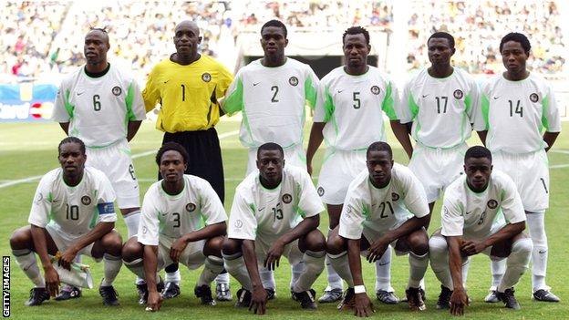 The Nigeria team including Joseph Yobo and Celestine Babayaro ahead of a 2002 World Cup clash with Sweden