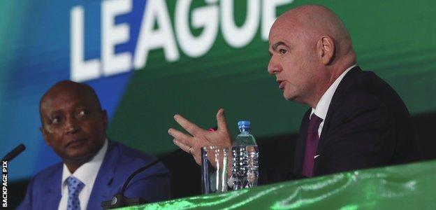 Patrice Motsepe and Fifa president Gianni Infantino at the launch of the Africa Super League