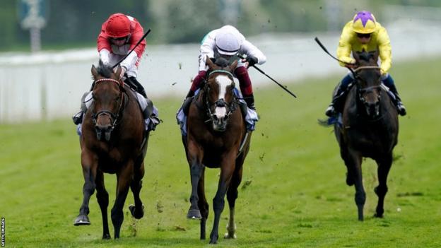 Frankie Dettori riding Free Wind to victory in the Middleton Fillies' Stakes at York