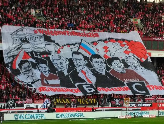 Spartak fans hold banner reading BBC - Blah Blah Channel