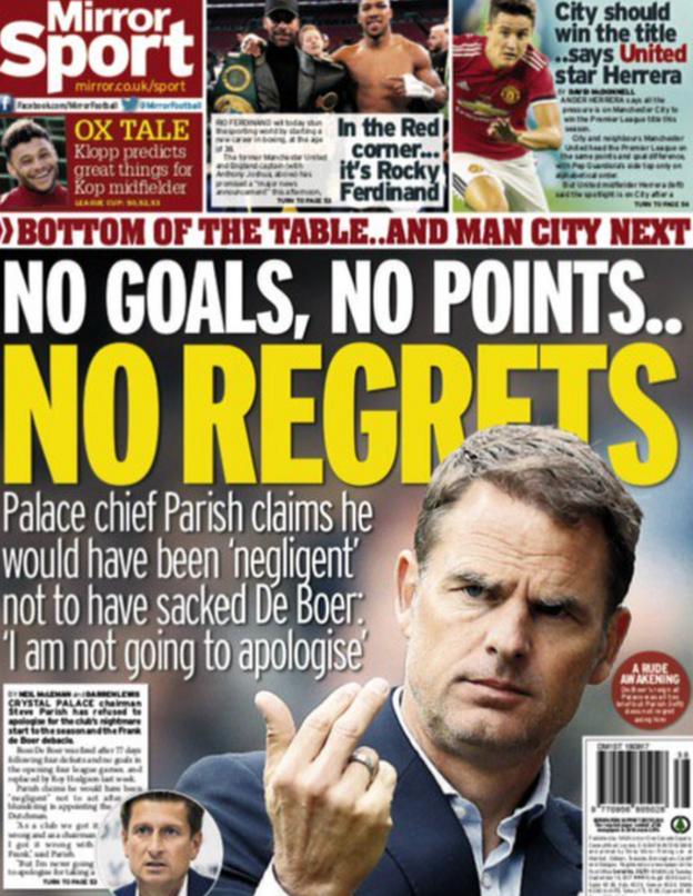 Crystal Palace chairman Steve Parish claims he would have been 'negligent' not to have sacked Frank de Boer