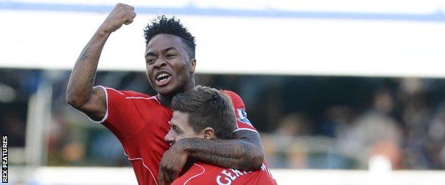 Raheem Sterling celebrates with Steven Gerrard during his Liverpool days