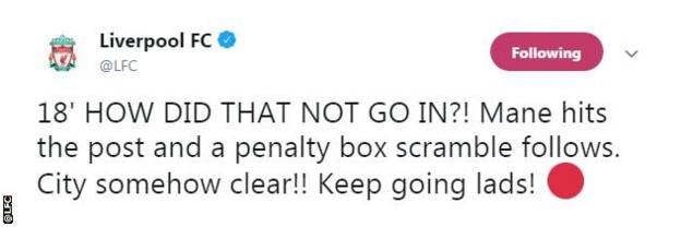 Liverpool's official Twitter account questions how the ball did not go in after Sadio Mane hit the post and John Stones cleared off the line