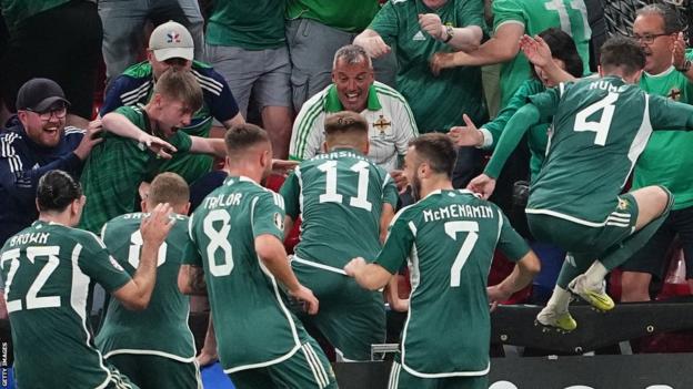 Northern Ireland's players observe  their precocious   equaliser earlier  it was disallowed pursuing  a VAR call