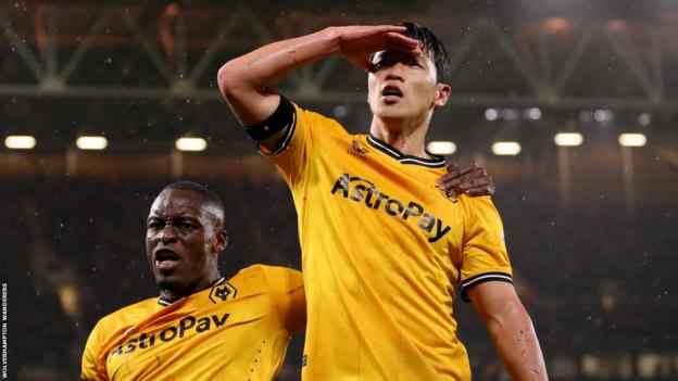 Hwang Hee-Chan celebrates scoring for Wolves