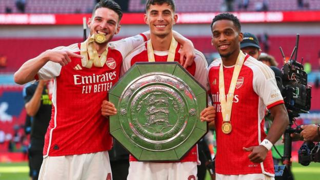 Arsenal's new signings celebrate with the Community Shield