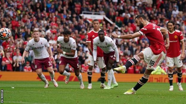 Manchester United's Bruno Fernandes misses a penalty against Aston Villa at Old Trafford