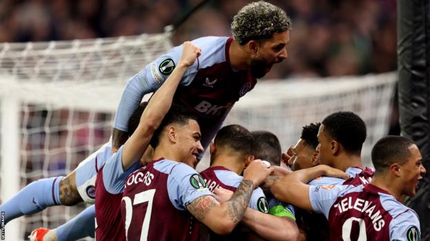 Aston Villa celebrate scoring against Lille
