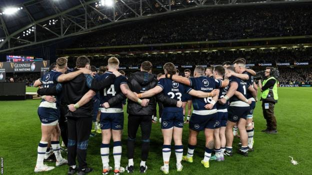 Scotland team at full time during a Guinness Six Nations match between Ireland and Scotland at the Aviva Stadium