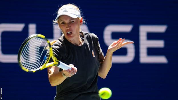 Caroline Wozniacki hits a return at the US Open