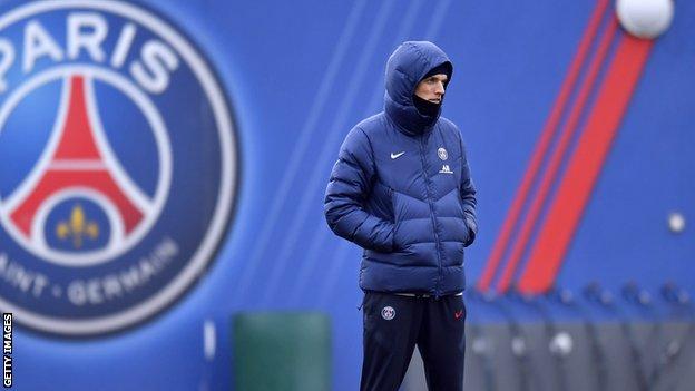 Thomas Tuchel looks on during a Paris Saint-Germain training session on 21 December