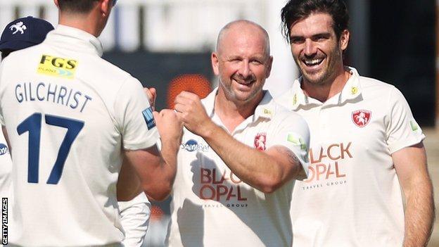 Darren Stevens celebrates taking a wicket for Kent in the County Championship.