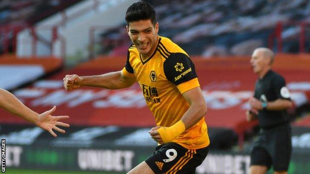 Raul Jimenez celebrates scoring against Sheffield United