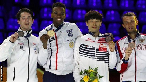 The men's foil individual medallists at the 2019 Fencing World Championships in Budapest: Marcus Mepstead, Enzo Lefort, Young Ki Son and Dmitry Zherebchenko.