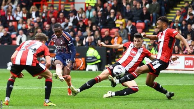 Callum Hudson-Odoi scores his second goal for Nottingham Forest at Sheffield United