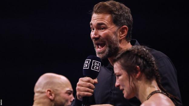 Eddie Hearn with Katie Taylor during post-fight interviews in Dublin last weekend