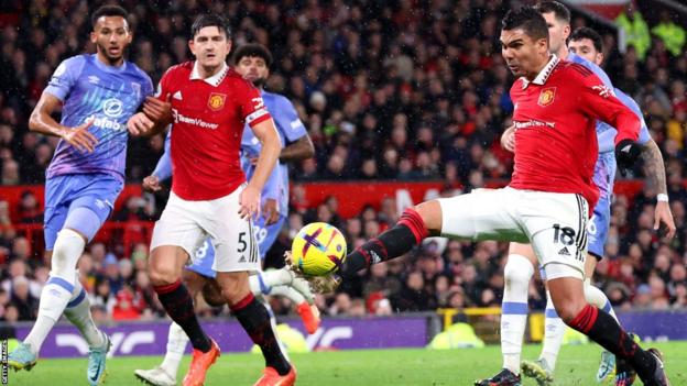 Manchester United's Casemiro scores their opening goal against Bournemouth at Old Trafford in the Premier League