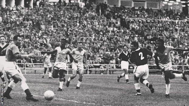 Pele's deflected shot beats Jack Kelsey to give Brazil the lead in Gothenburg