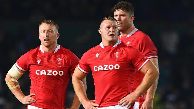 Wales' Tommy Reffell, Dewi Lake and Will Rowlands dejected after defeat against South Africa