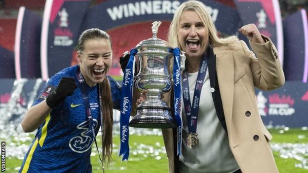 Fran Kirby, left, and Emma Hayes pose with the FA Cup