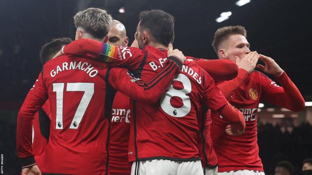 Scott McTominay of Manchester United celebrates scoring their second goal during the Premier League match between Manchester United and Chelsea FC at Old Trafford on December 06, 2023 in Manchester, England.