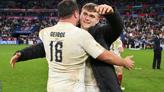 Theo Dan and Jamie George hug after England beat Argentina