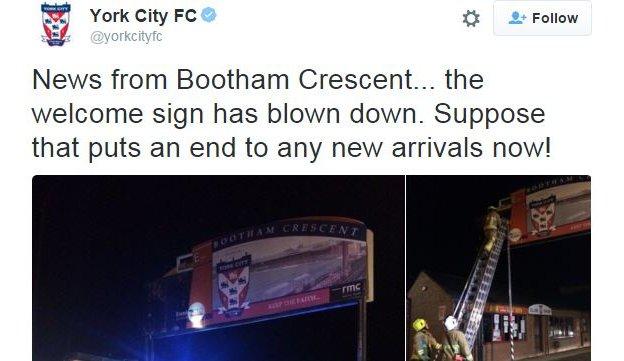 York City announced their sign outside their stadium has fallen down