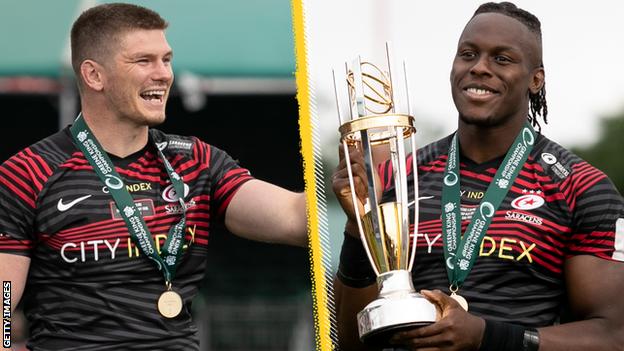 Saracens pair Owen Farrell and Maro Itoje celebrate promotion to the Premiership