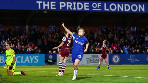 Erin Cuthbert celebrating scoring for Chelsea against West Ham
