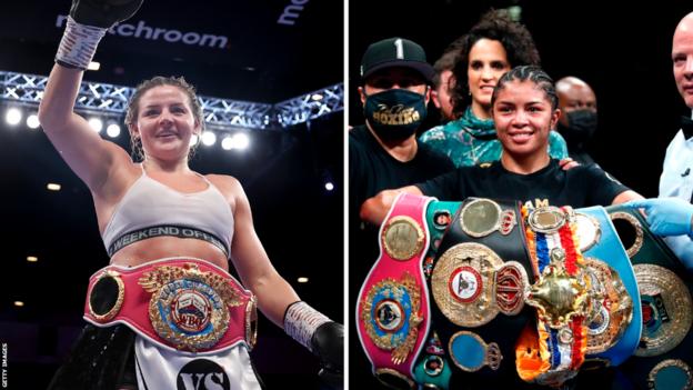 Sandy Ryan with her belt around her waist beside a picture of Jessica McCaskill with all her world titles in her arms