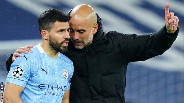 Sergio Aguero with Man City boss Pep Guardiola