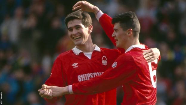 Nigel Clough pictured celebrating a goal with Roy Keane when they were at Nottingham Forest together in 1991