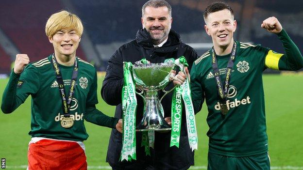 Ange Postecoglou savours Celtic's League Cup win with match-winner Kyogo Furuhashi (left) and captain Callum McGregor