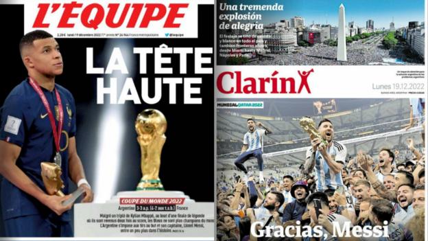 L'Equipe front page with a picture of Kylian Mpabbe and Clarin front page with a picture of Lionel Messi