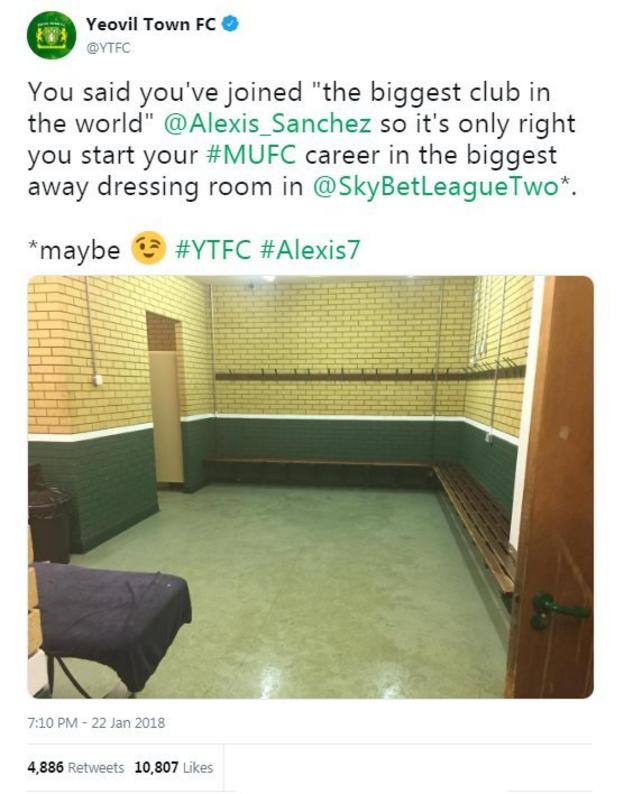A picture of Yeovil Town's small dressing room to welcome Manchester United's new signing Alexis Sanchez