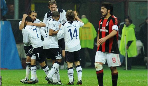 Tottenham players celebrate Peter Crouch's goal with Gennaro Gattuso in the foreground