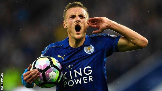 Leicester City's Jamie Vardy celebrates scoring a goal