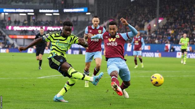 Arsenal's Bukayo Saka scores his second goal of the game against Burnley