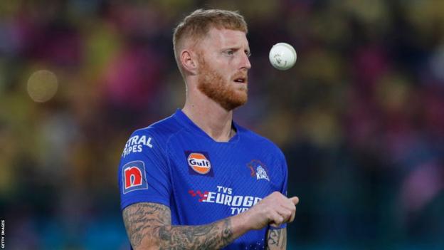 Ben Stokes tosses a ball in the air playing for Chennai Super Kings in the 2023 IPL