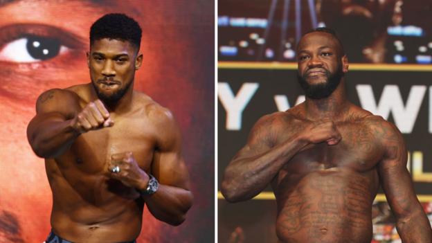 Anthony Joshua weighs in beside a picture of Deontay Wilder weighing in