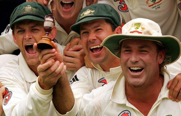 Shane Warne with the Ashes trophy