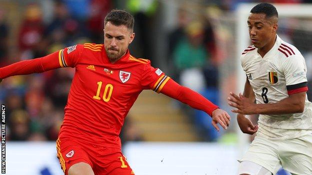 Aaron Ramsey of Wales (left) takes on Youri Tielemans of Belgium