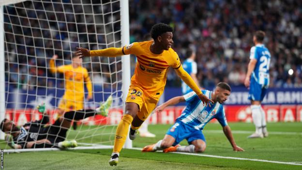 Alejandro Balde celebrates scoring for Barcelona against Espanyol successful  La Liga