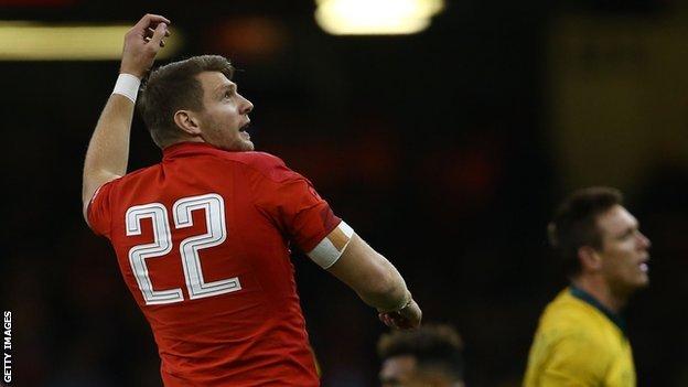Replacement Wales fly-half Dan Biggar celebrates as his winning penalty goes over against Australia