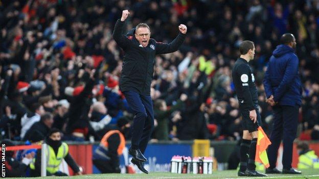 Ralf Rangnick celebrates Fred's goal