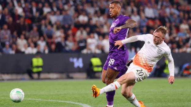 West Ham striker Jarrod Bowen scores his side's second goal to win the game